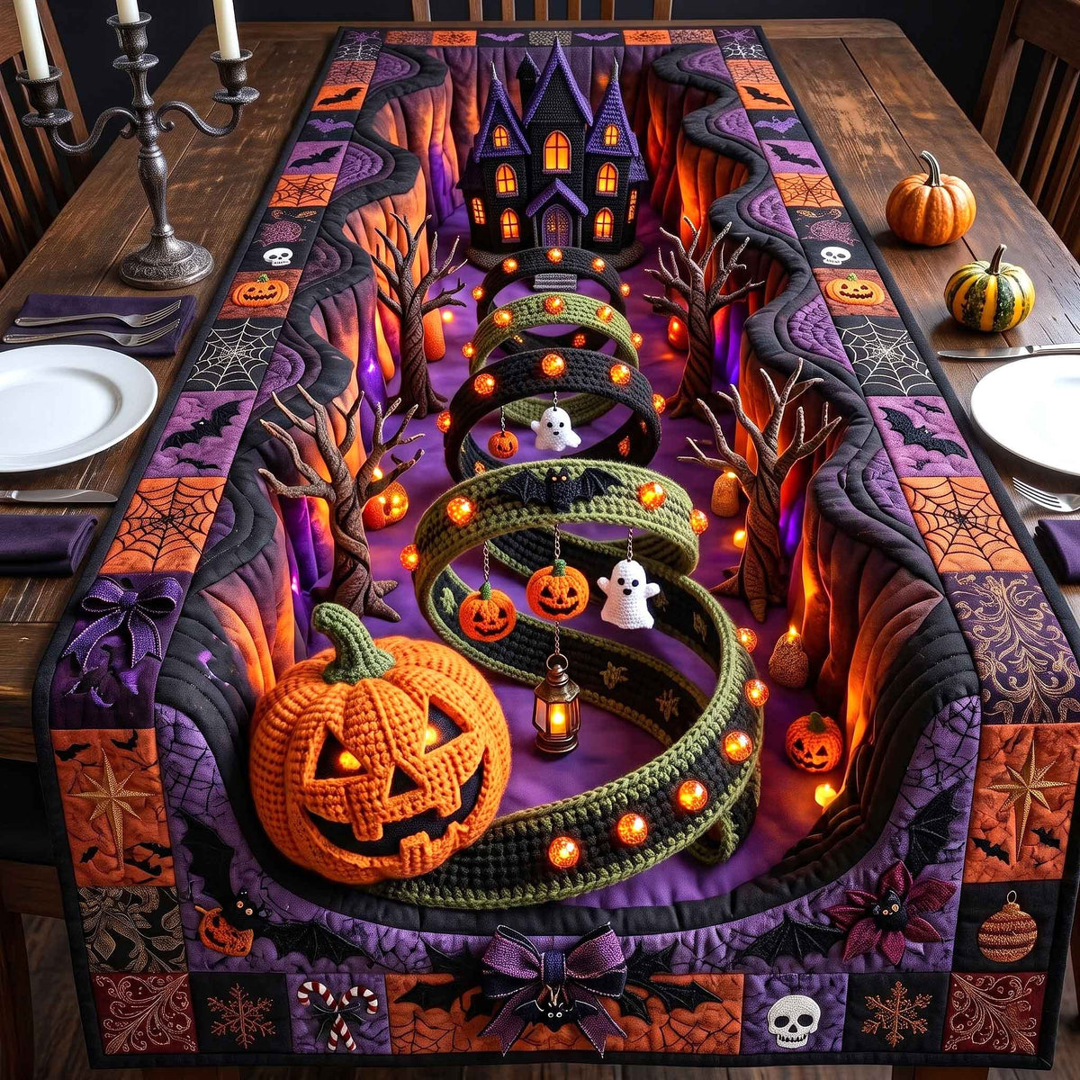 Purple Lantern Pumpkin Manor Table Runner