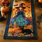 Witch with Black Cat and Pumpkins Table Runner