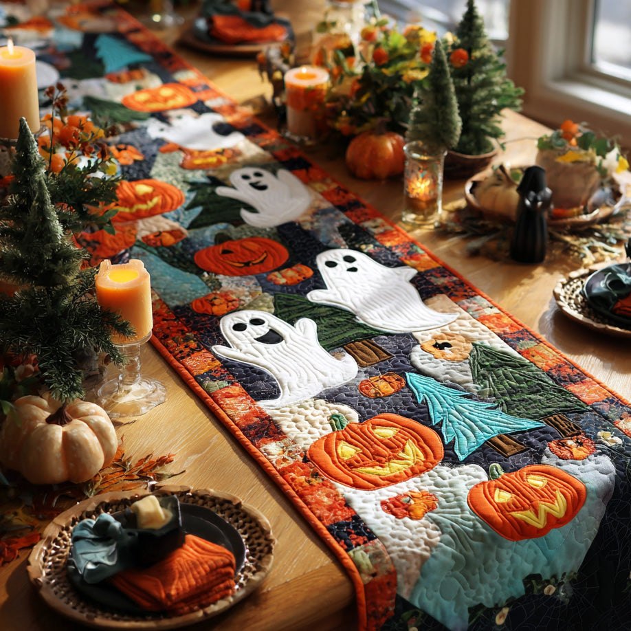 Ghosts and Pumpkins on Orange Table Runner