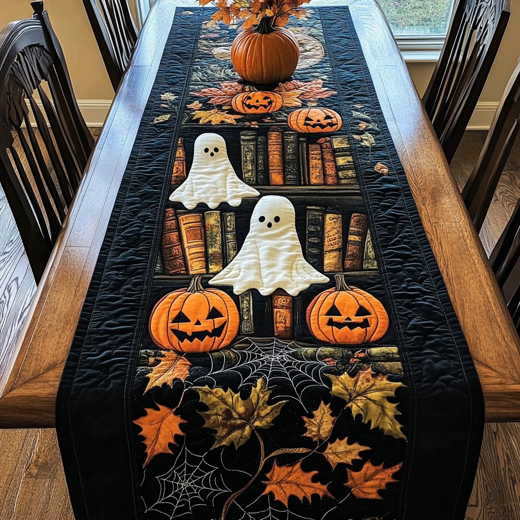 Ghost with Pumpkins and Books Table Runner