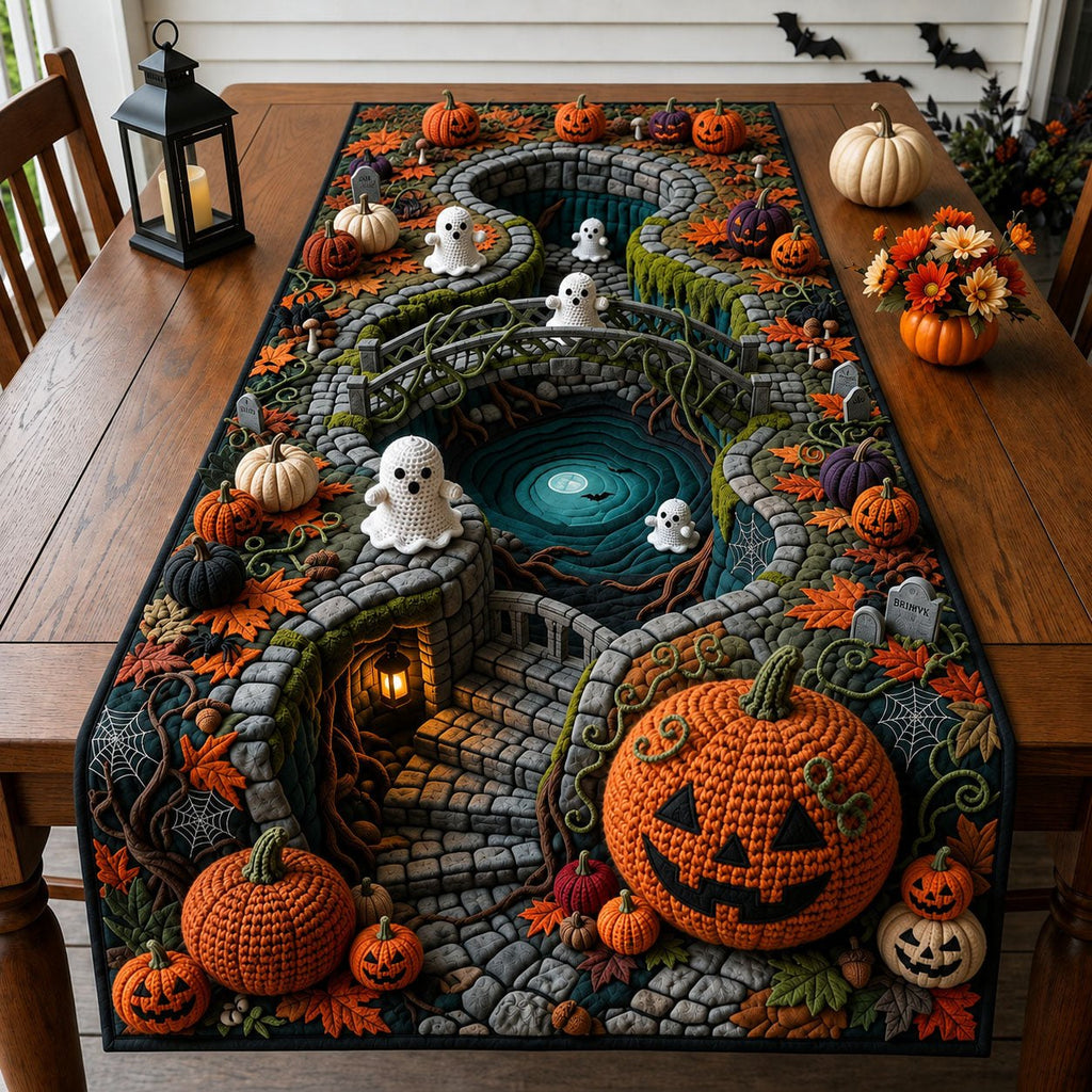 Haunted Well with Ghosts and Jack o Lanterns Table Runner