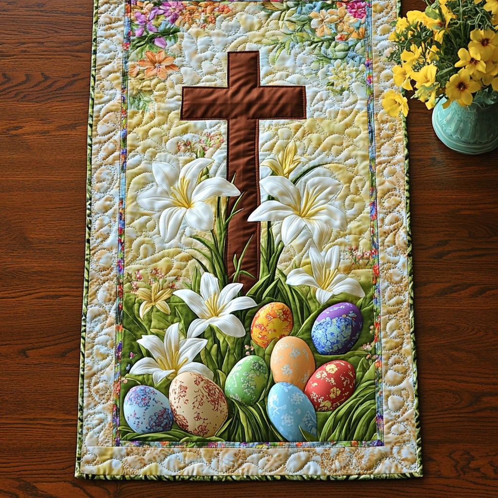 Cross with Lilies and Colored Eggs Table Runner