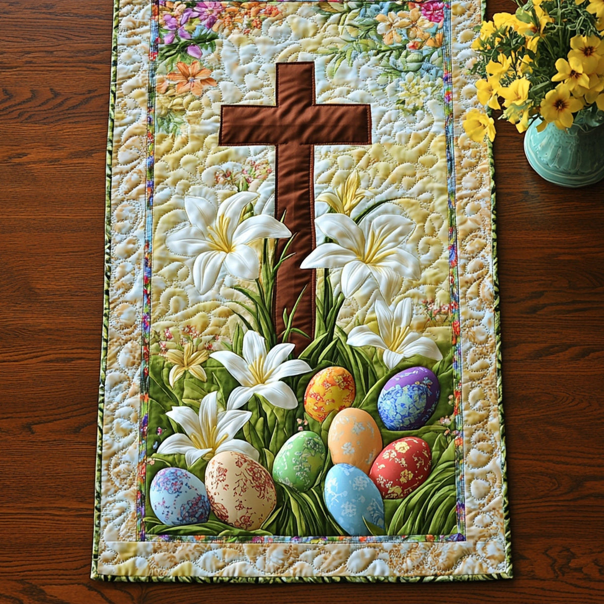 Cross with Lilies and Colored Eggs Table Runner