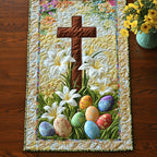 Cross with Lilies and Colored Eggs Table Runner