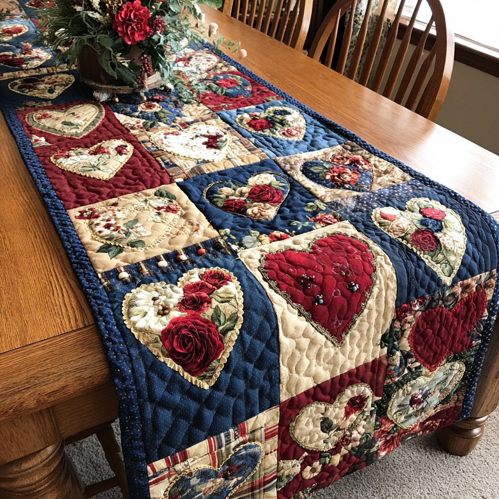 Rose Hearts on Navy Blocks Table Runner