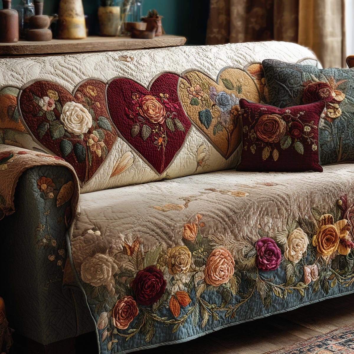 Ribbon Roses and Cream Hearts Sofa Cover