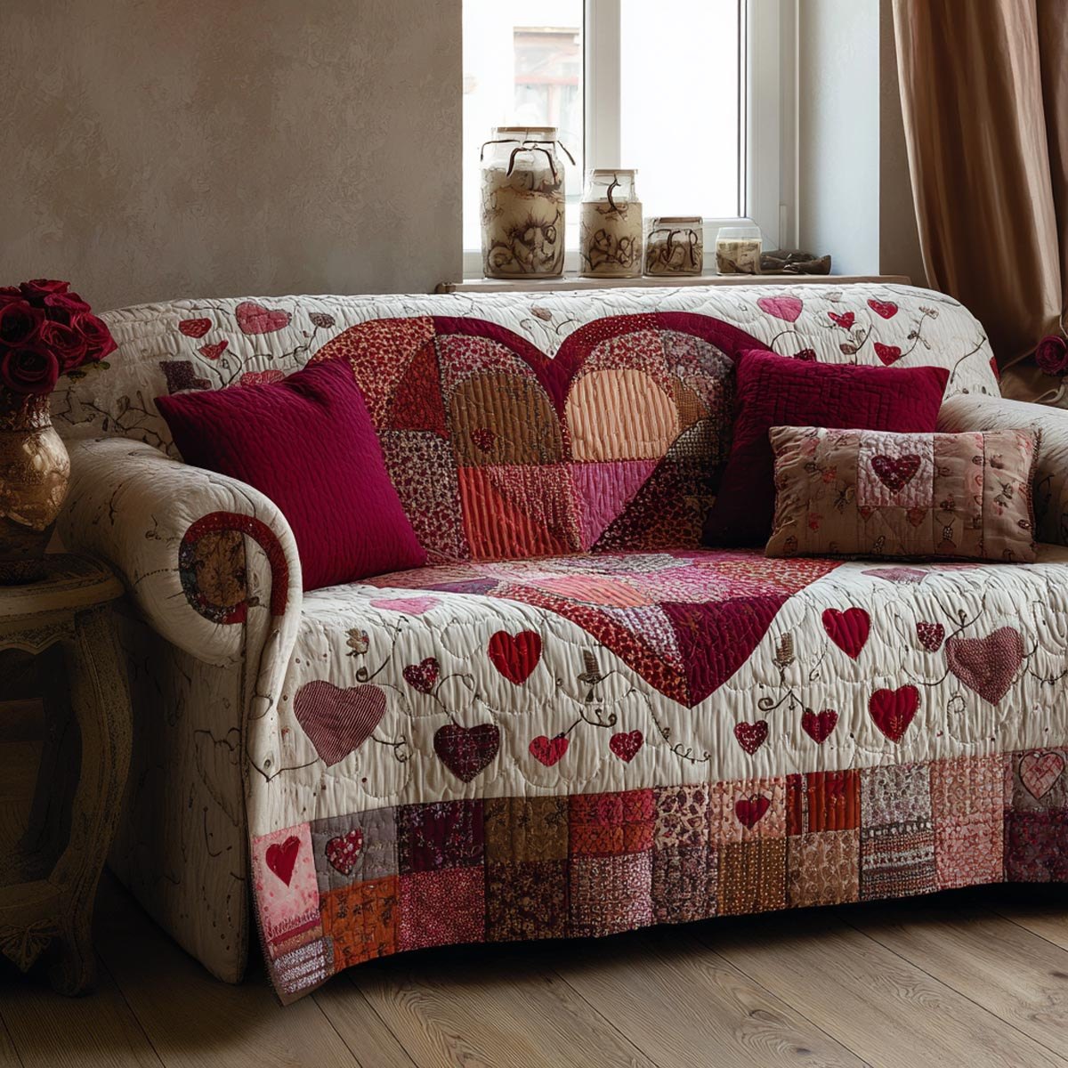 Hearts in Burgundy and Rose Patchwork Sofa Cover