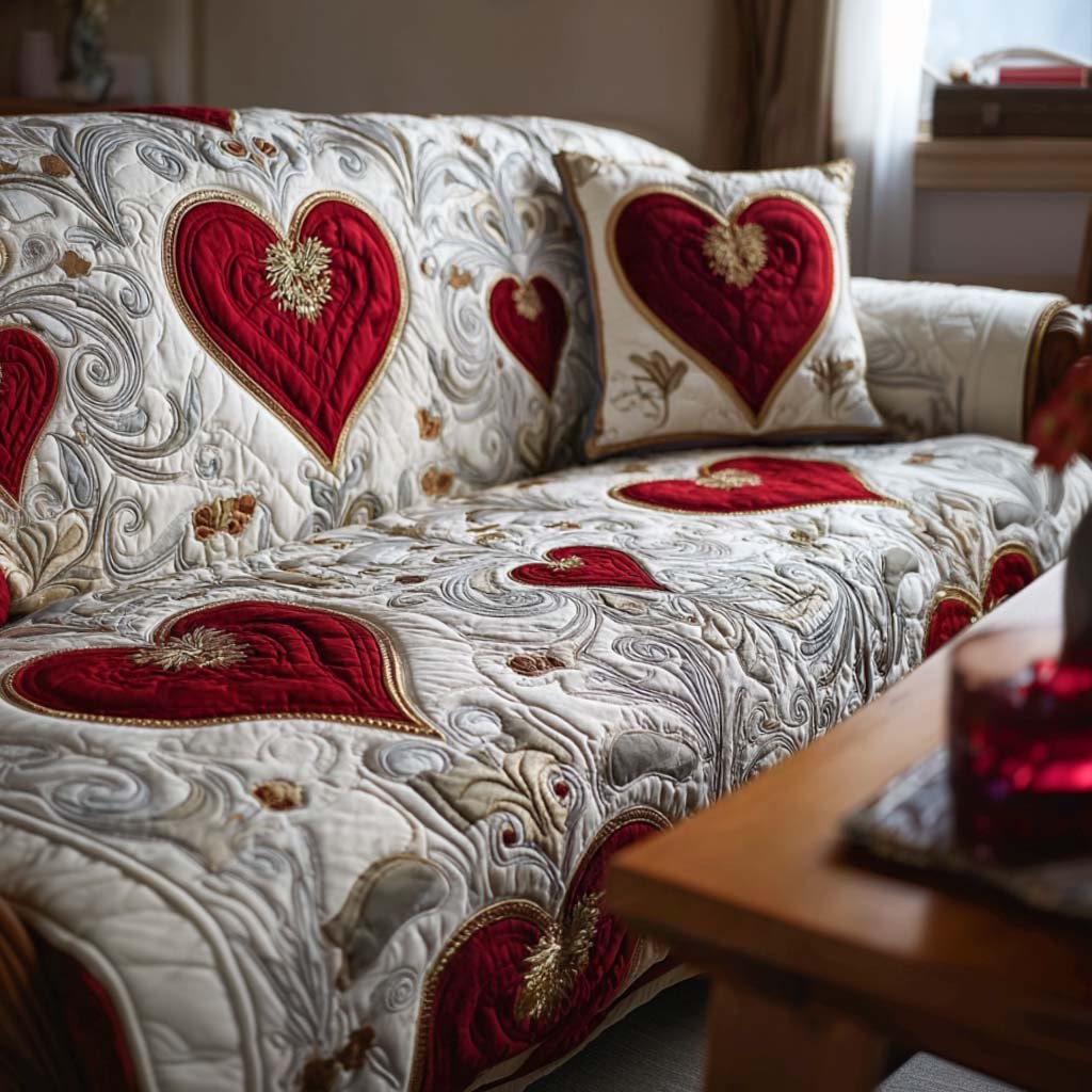 Red Hearts on White Swirl Quilt Sofa Cover