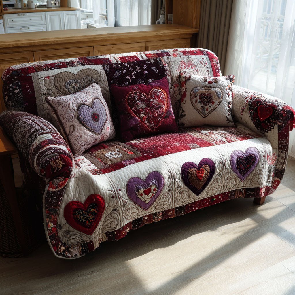 Hearts on Purple and Red Florals Sofa Cover