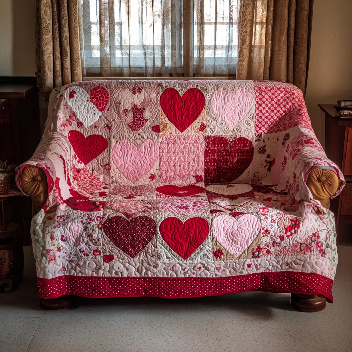 Hearts on Pink Patchwork Sofa Cover