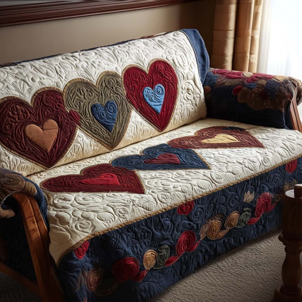 Hearts on Navy and Cream Quilt Sofa Cover