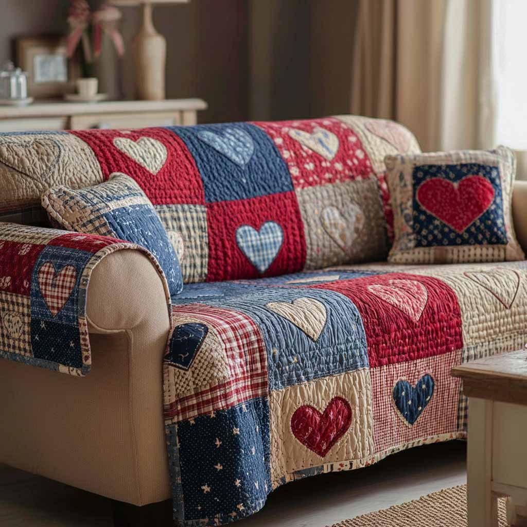 Red Hearts on Plaid Patchwork Sofa Cover
