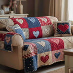 Red Hearts on Plaid Patchwork Sofa Cover
