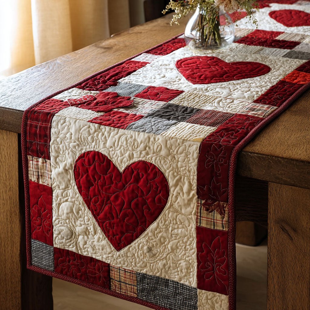 Red Heart on Cream and Plaid Table Runner