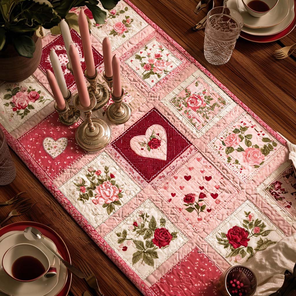 Pink Heart Squares with Roses Table Runner