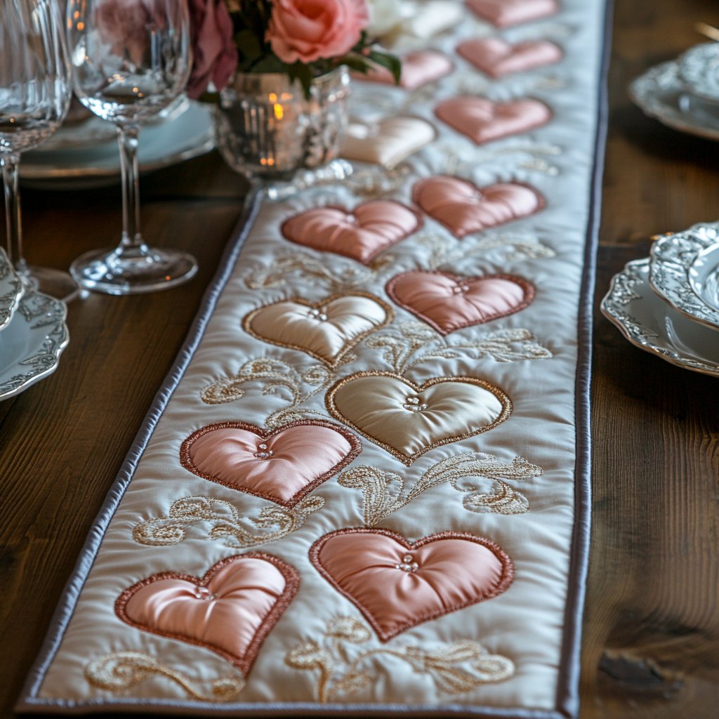 Blush Hearts on Ivory Quilting Table Runner