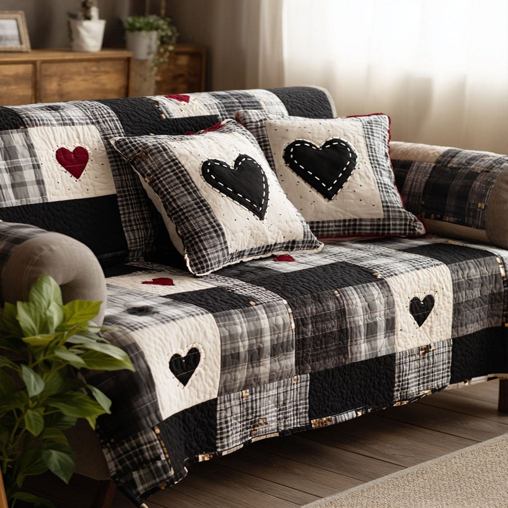 Black Hearts on Buffalo Check Sofa Cover