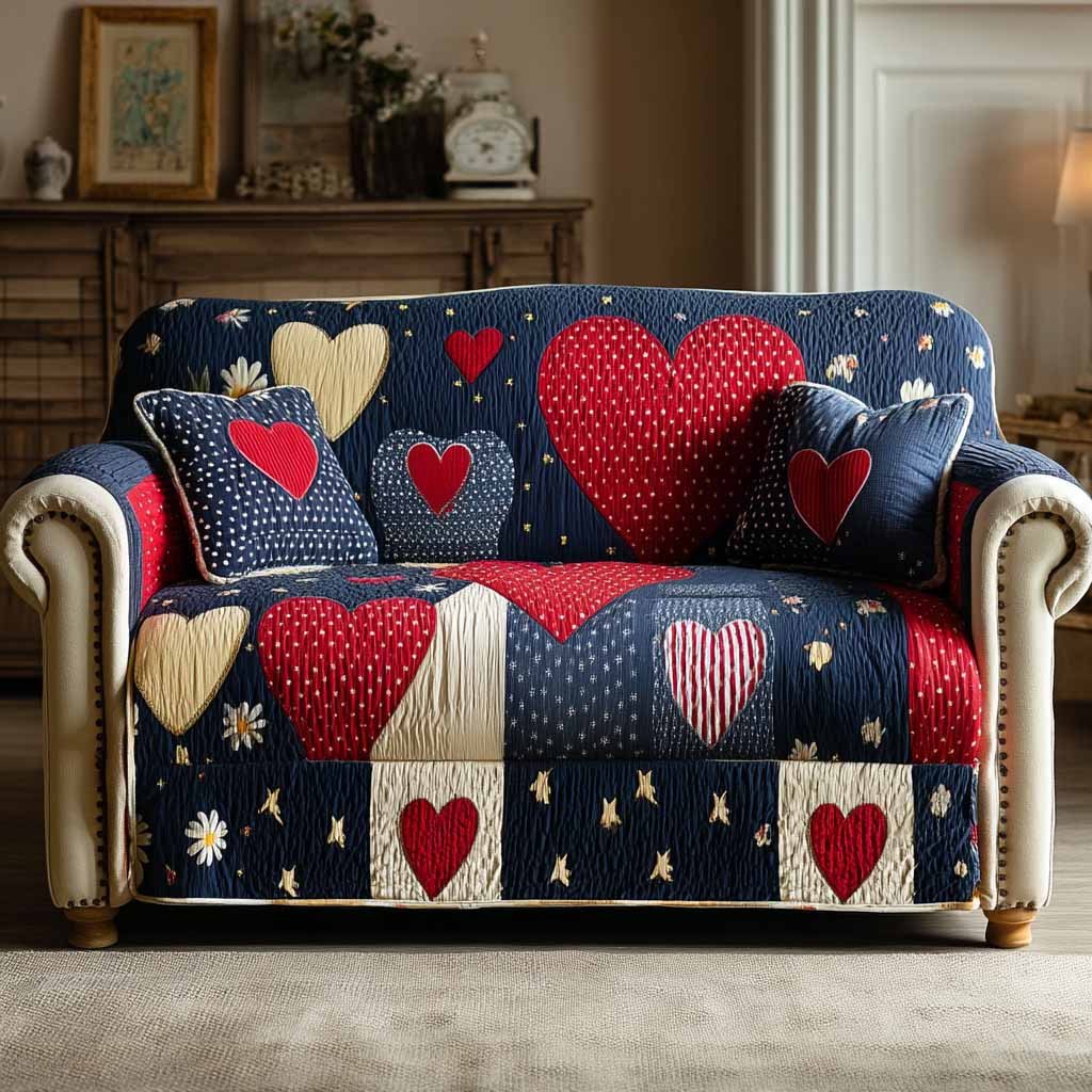Hearts and Stars on Navy and Red Sofa Cover