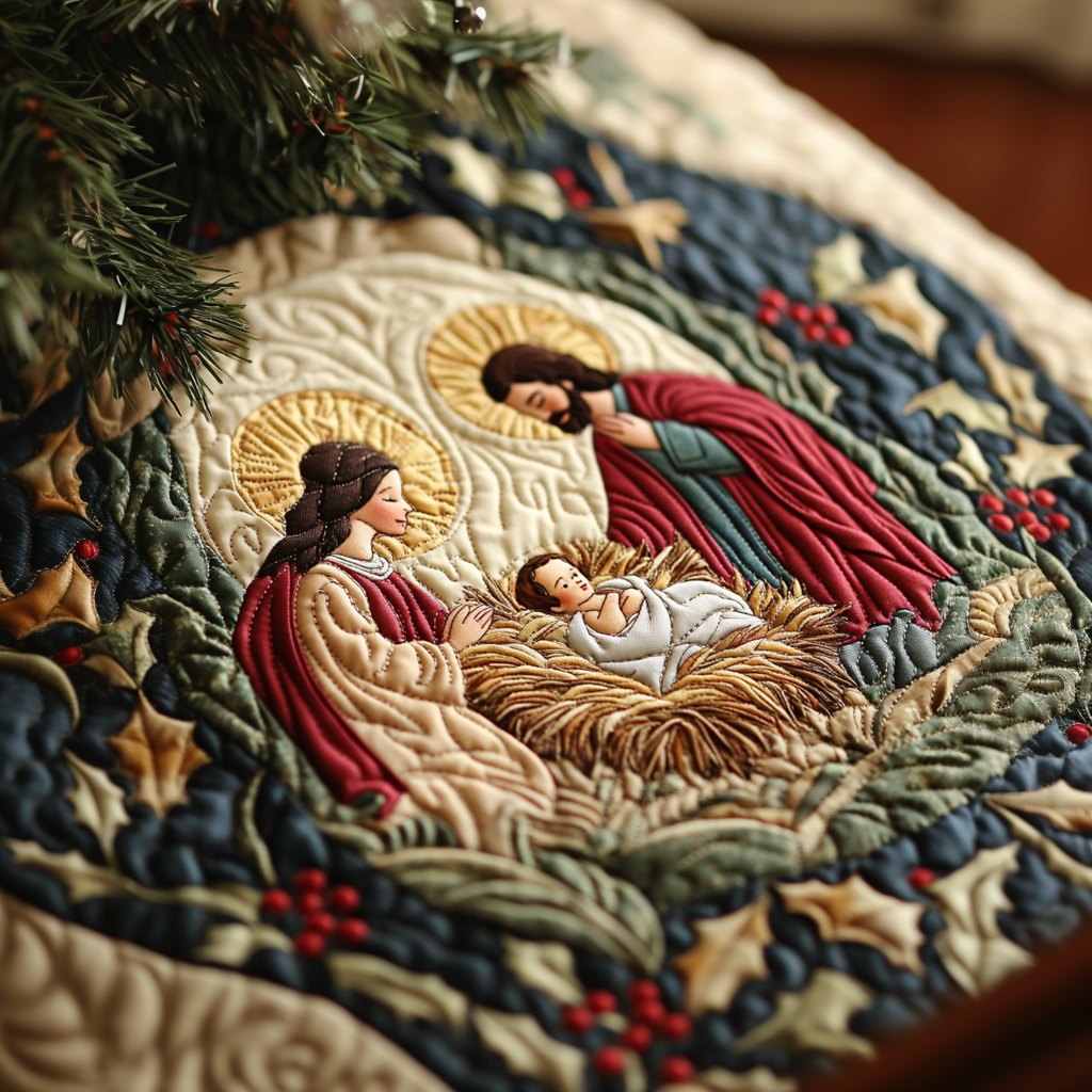 Holy Family in the Holly Wreath Christmas Tree Skirt