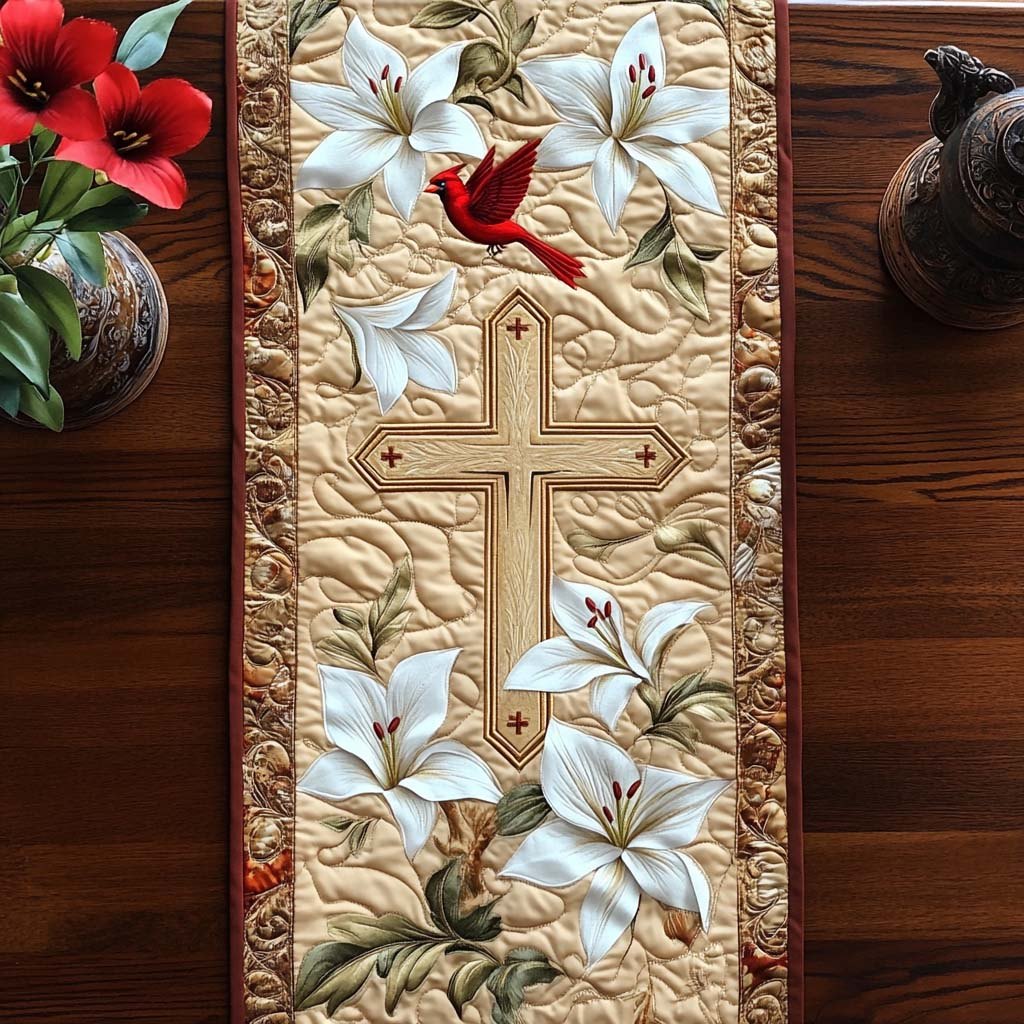 Cross with Lilies on Cream Table Runner