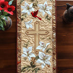 Cross with Lilies on Cream Table Runner