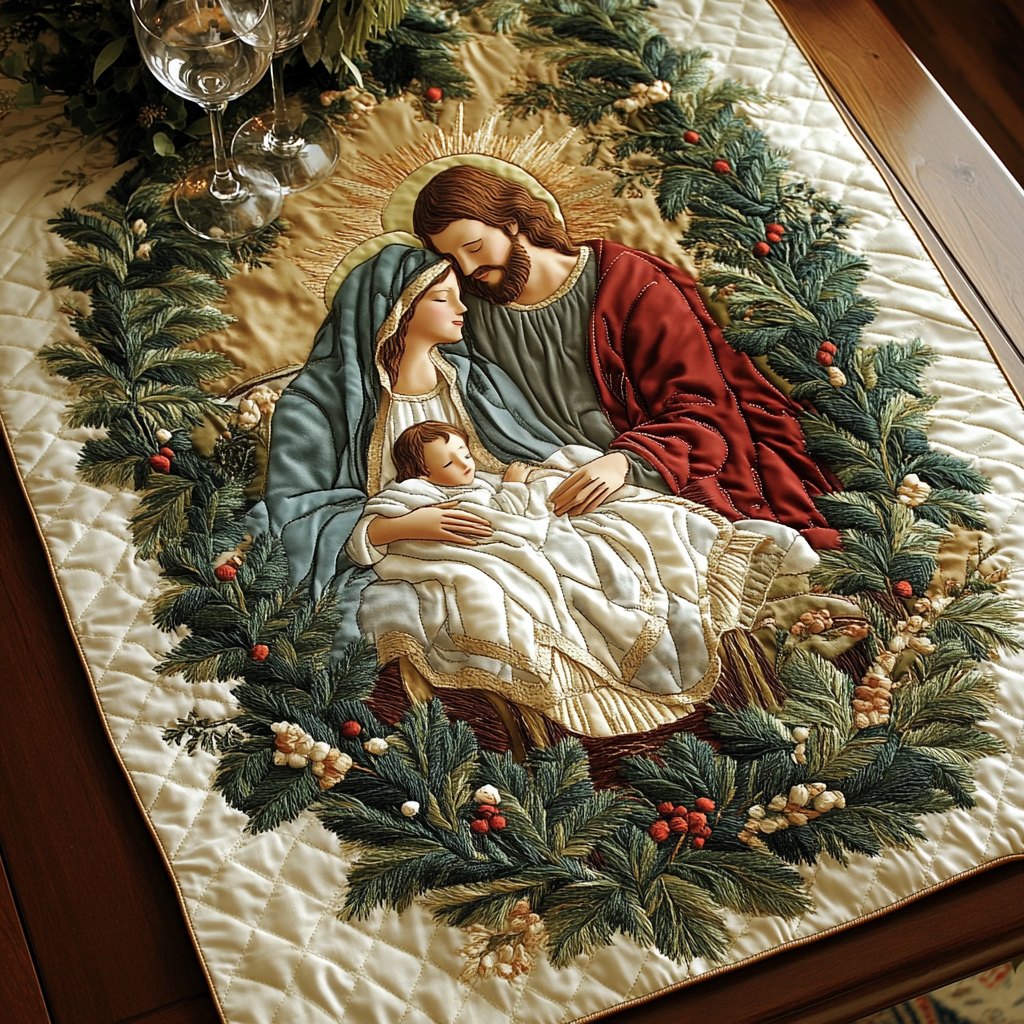 Nativity with Winter Greenery Table Runner