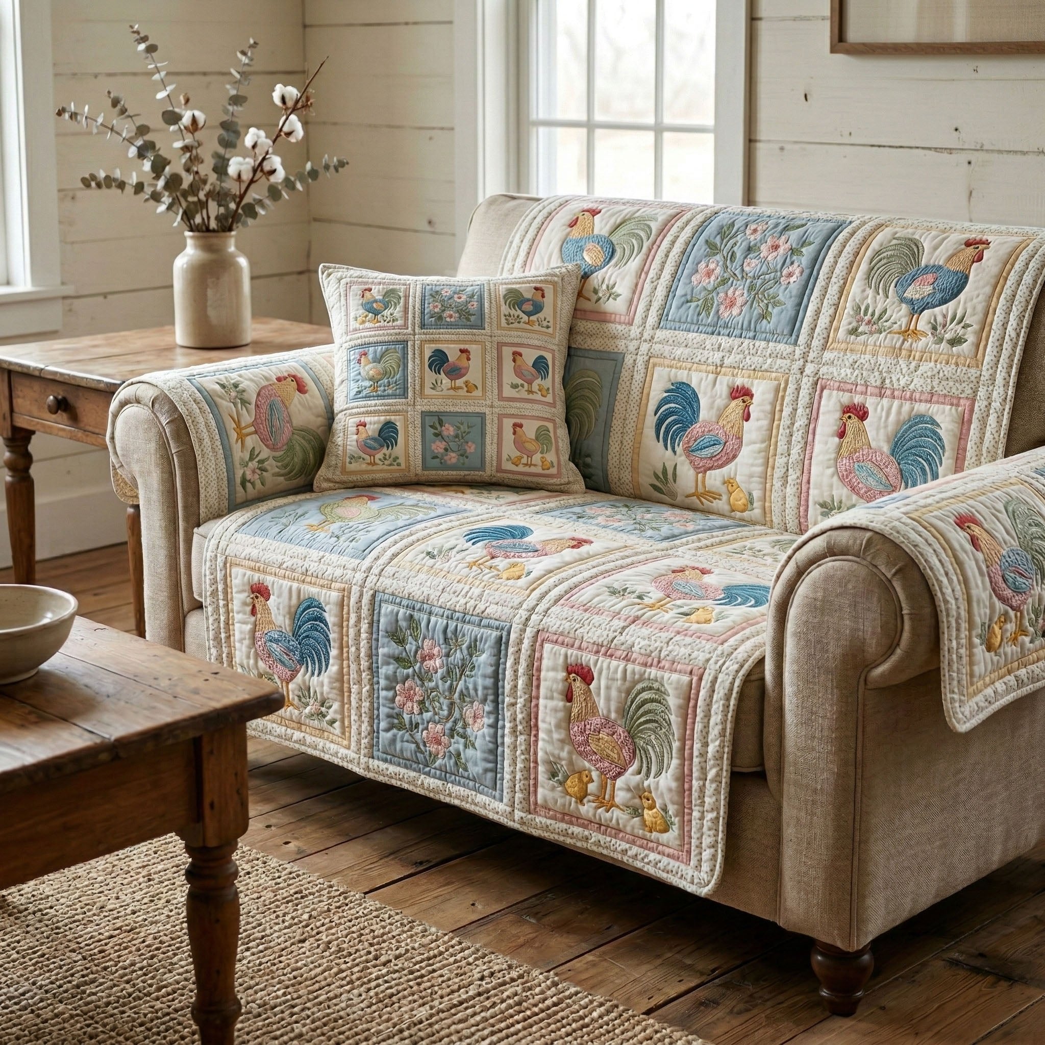 Heirloom Rooster Squares Sofa Cover