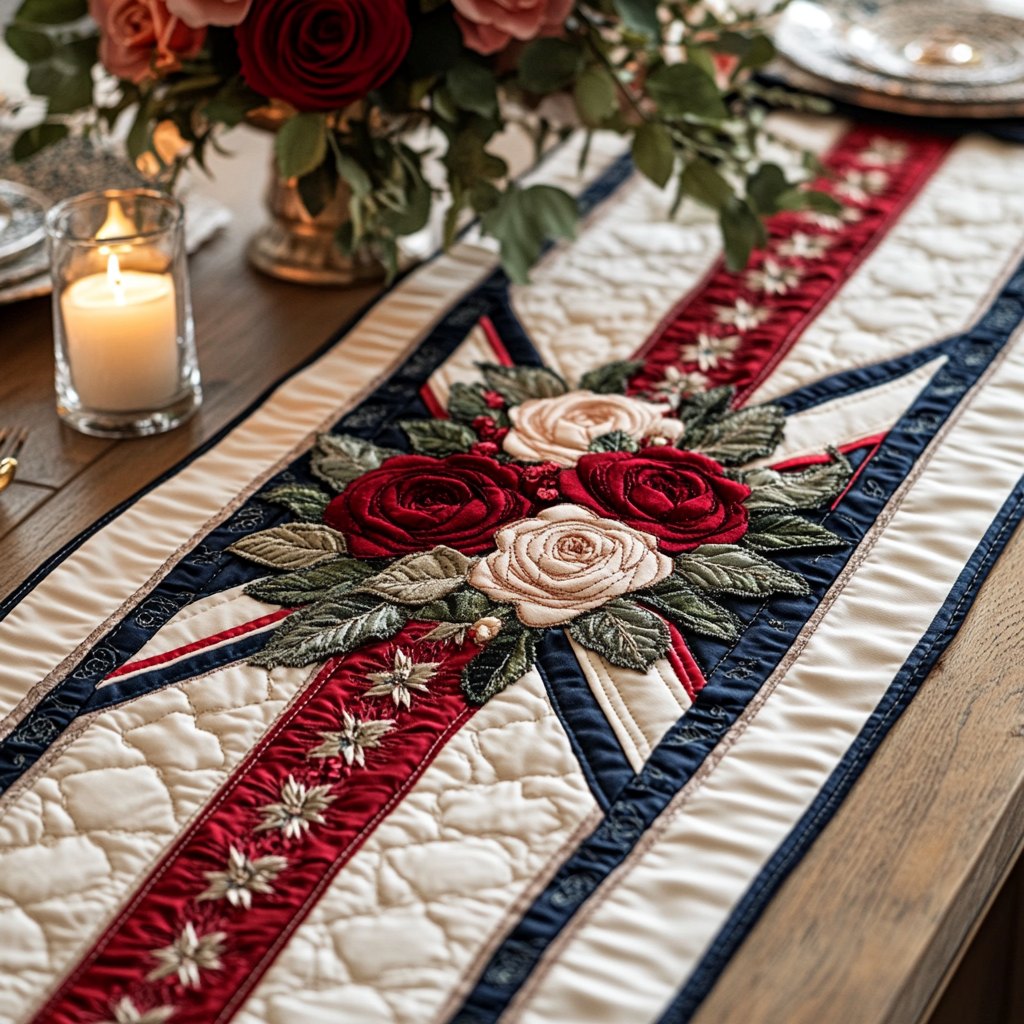 Roses with Red White Blue Ribbons Table Runner