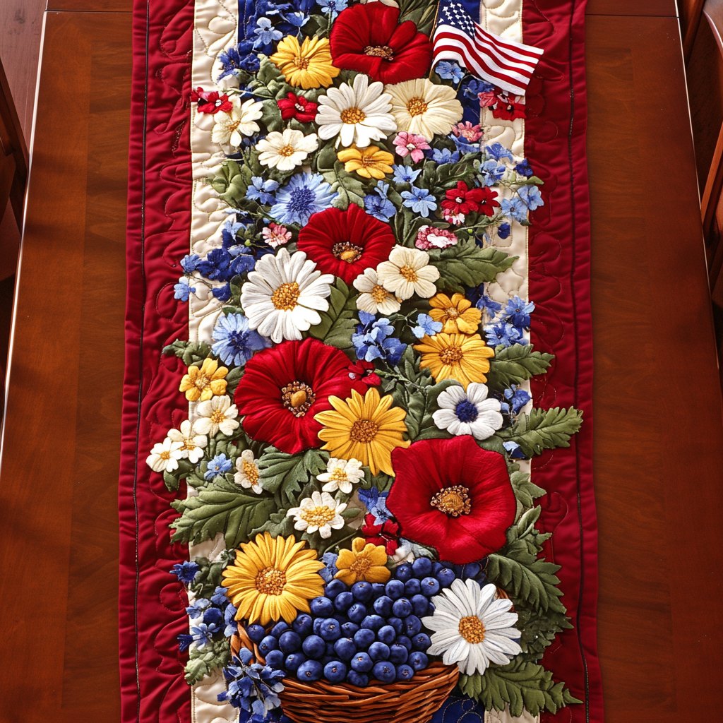 Wildflowers on Patriotic Stripes Table Runner