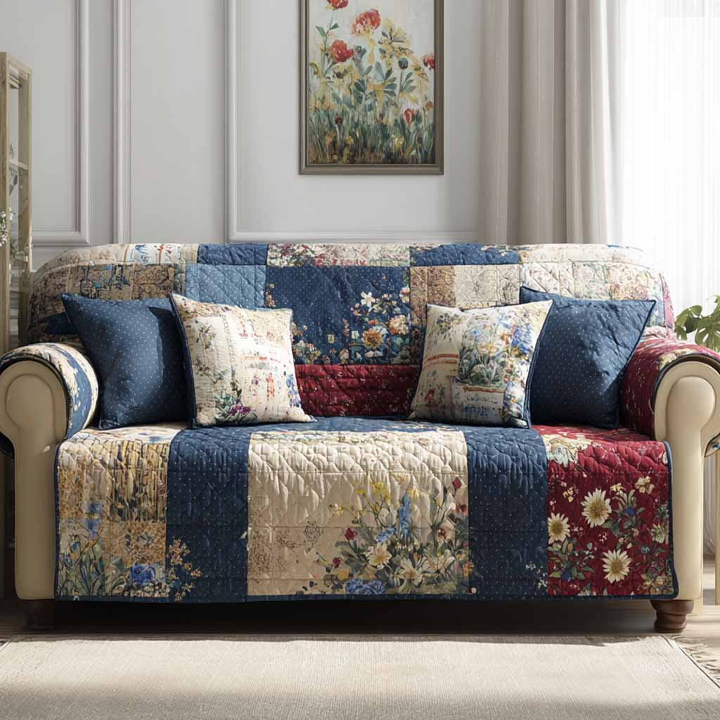 Blue Floral and Denim Patchwork Sofa Cover