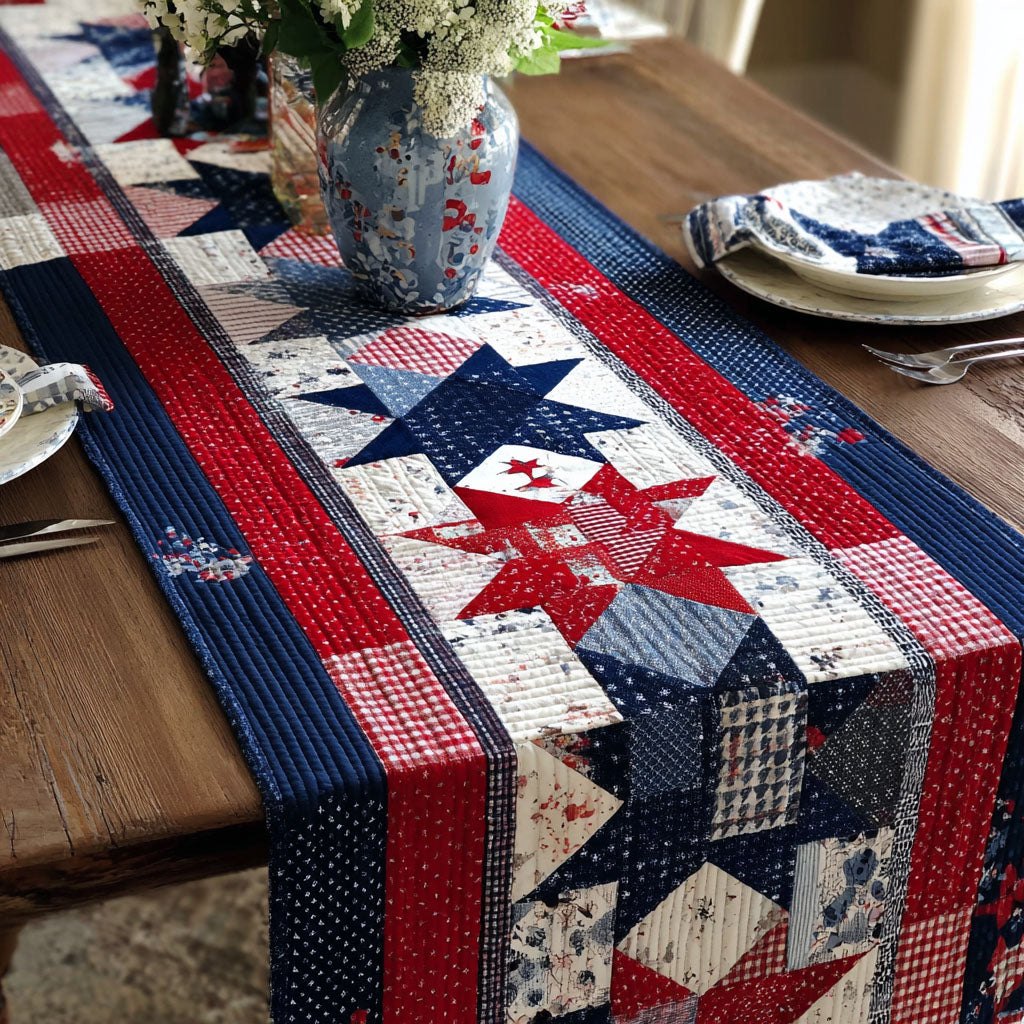 Red and Blue Patchwork Stars Table Runner