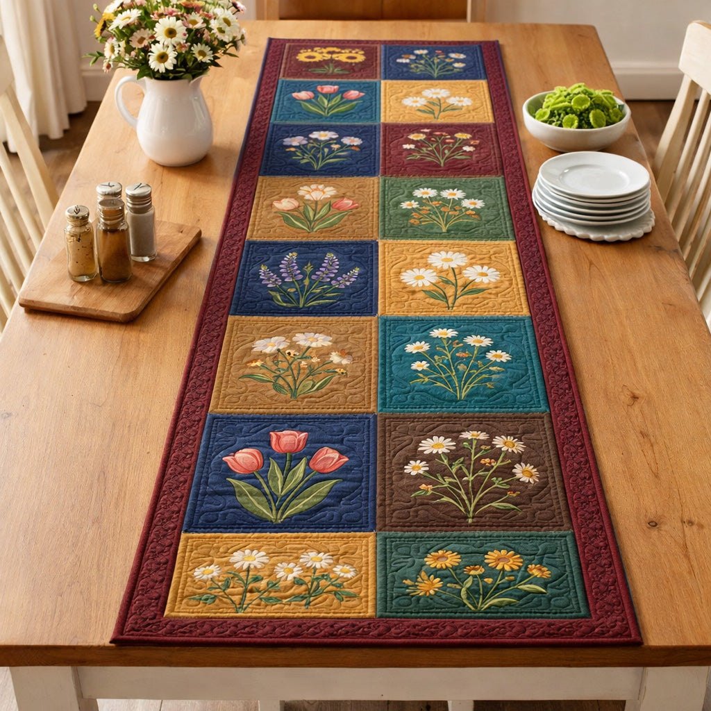 Flower Blocks in Teal and Gold Table Runner