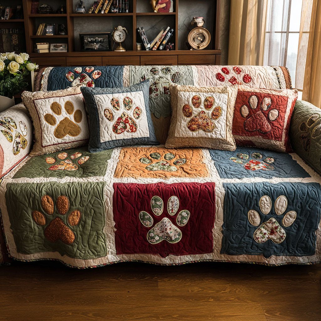 Paw Prints on Green and Crimson Blocks Sofa Cover