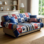Paw Prints on Navy and Red Stripes Sofa Cover