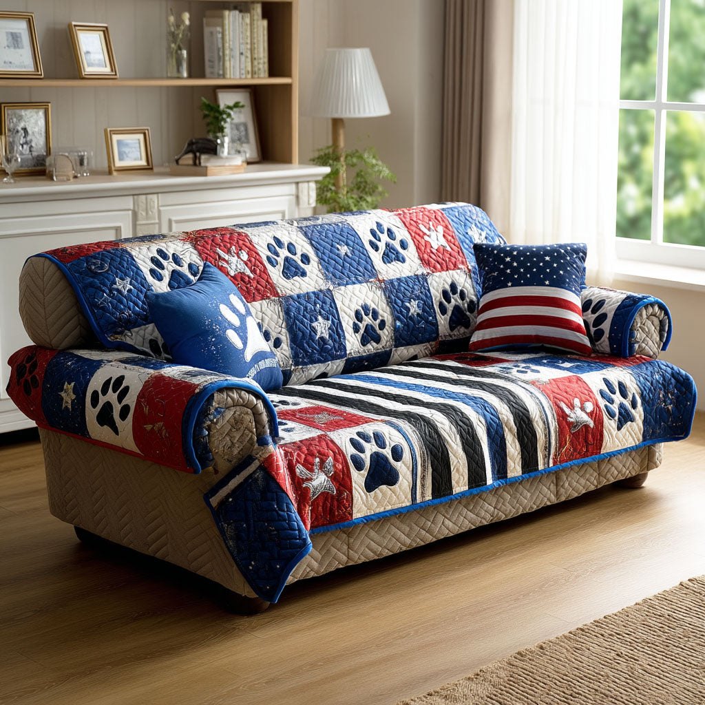 Paw Prints on Navy and Red Stripes Sofa Cover