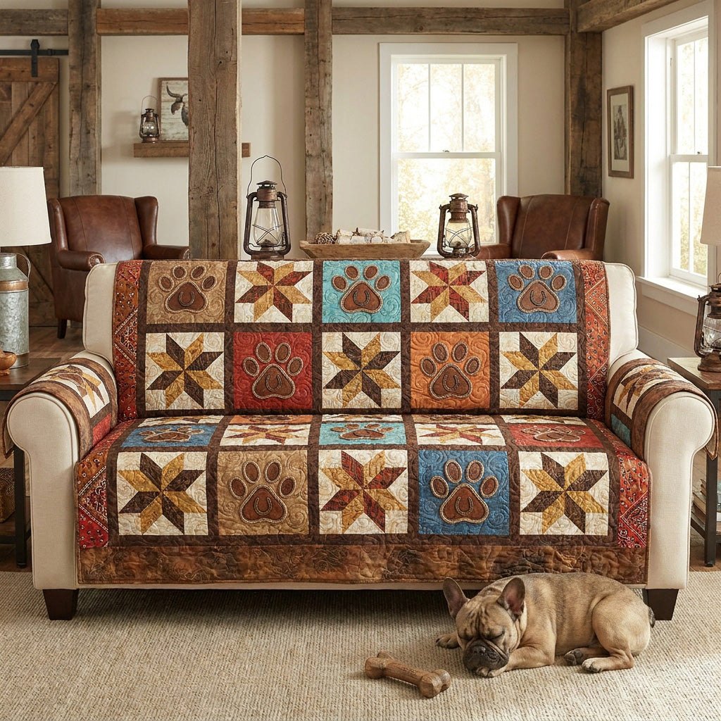 Paw Prints on Tan Star Blocks Sofa Cover