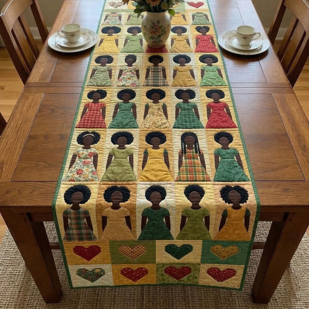 Women Portraits with Heart Blocks Table Runner