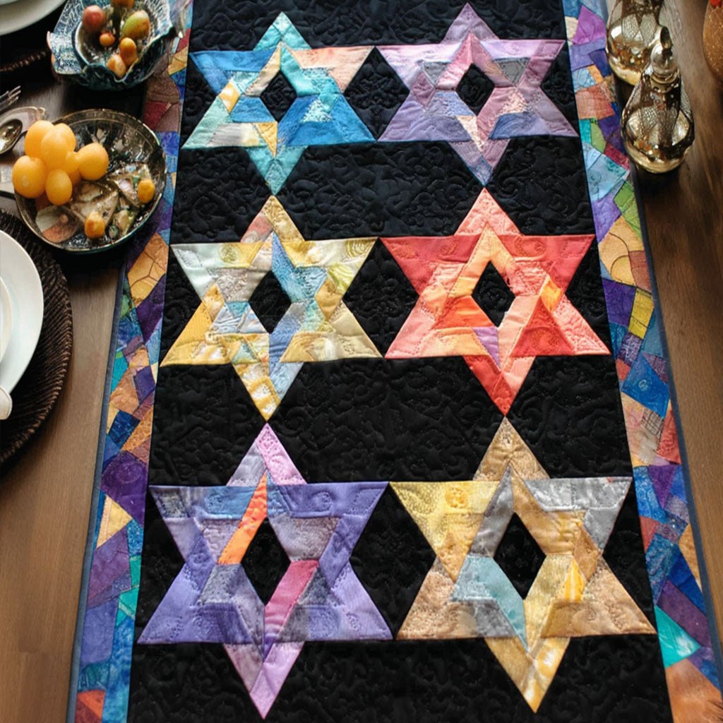 Colorful Stars on Black Background Table Runner