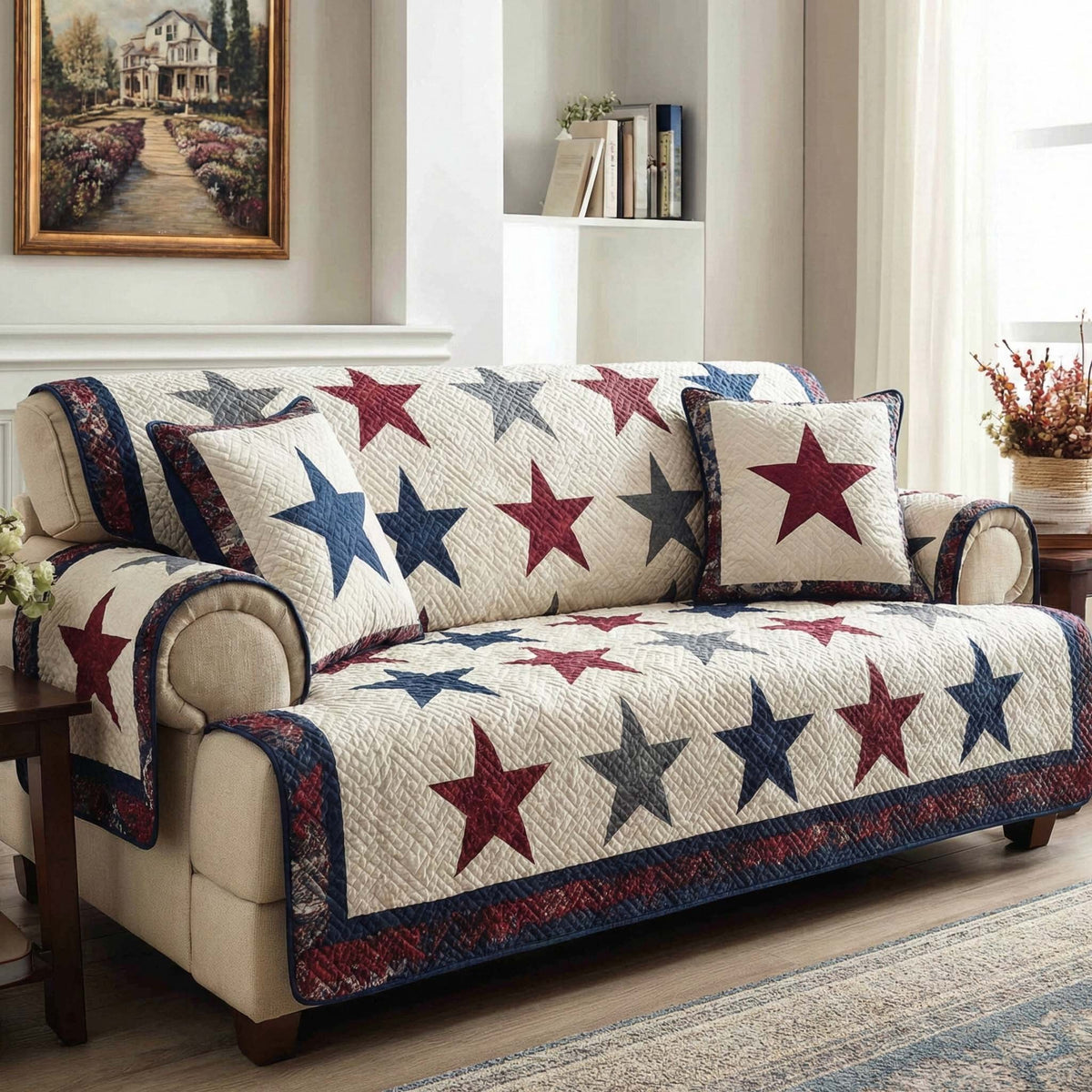 Bold Stars on Cream and Navy Sofa Cover