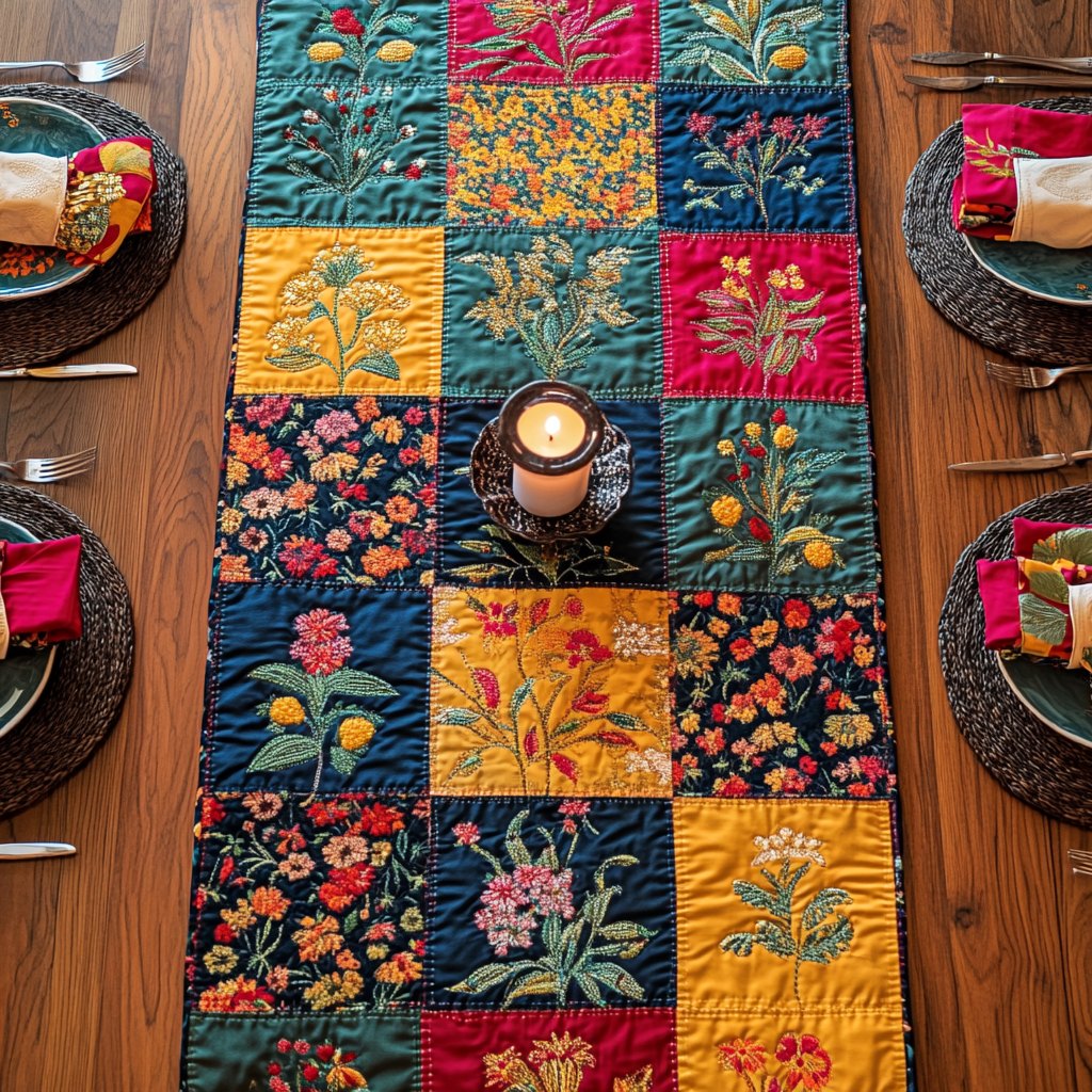 Botanical Squares in Bright Patchwork Table Runner