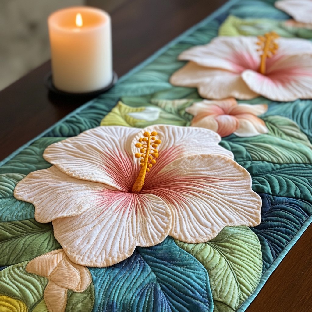 Pale Pink Hibiscus with Leaves Table Runner