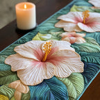 Pale Pink Hibiscus with Leaves Table Runner