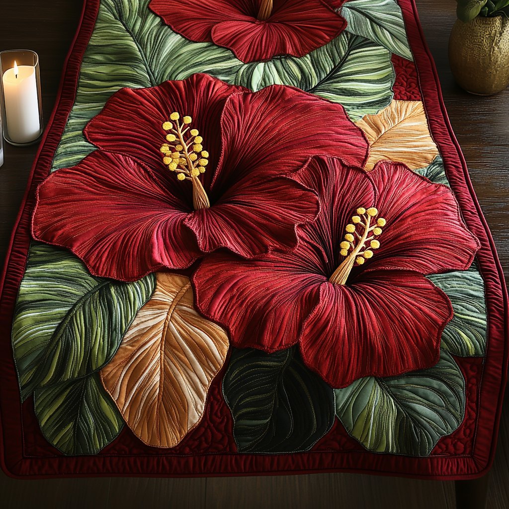 Red Hibiscus with Green Leaves Table Runner