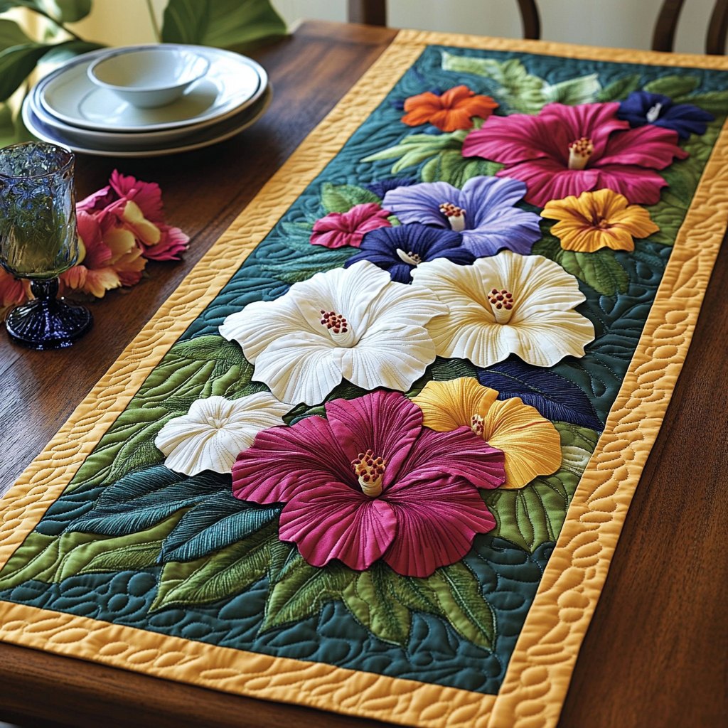 Hibiscus on Teal with Gold Border Table Runner