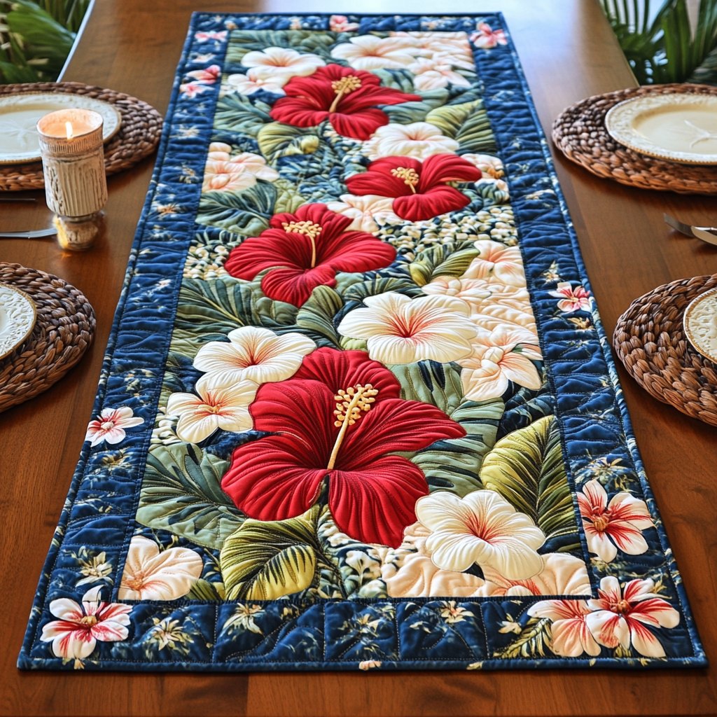 Red and Cream Hibiscus on Navy Table Runner