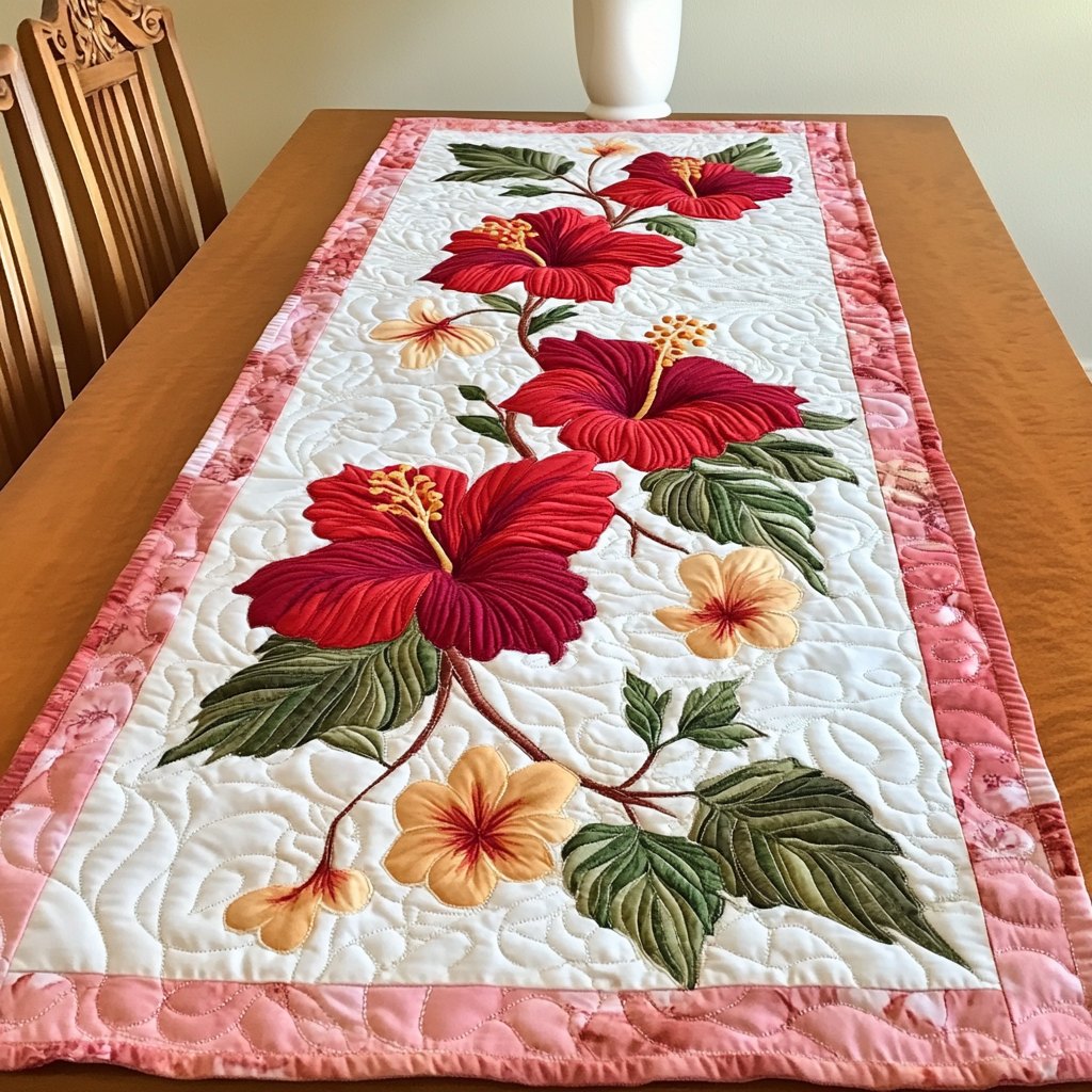 Red and Peach Hibiscus on White Table Runner