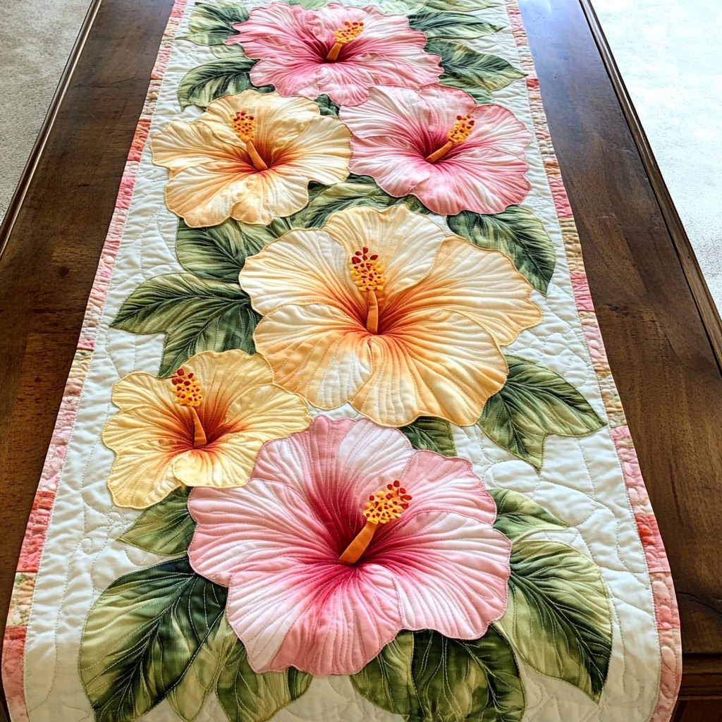 Pink Hibiscus on Cream Panel Table Runner