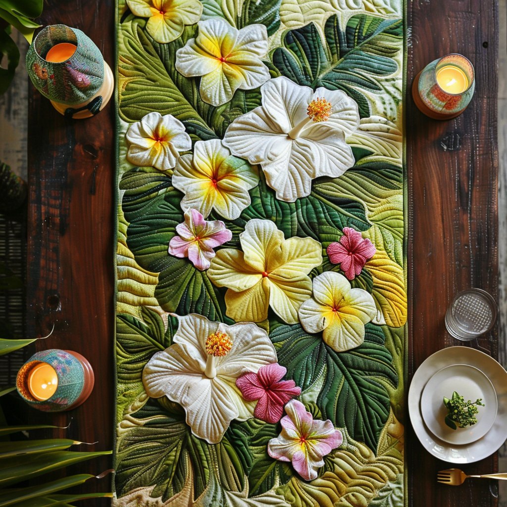 Pastel Hibiscus on Green Leaves Table Runner
