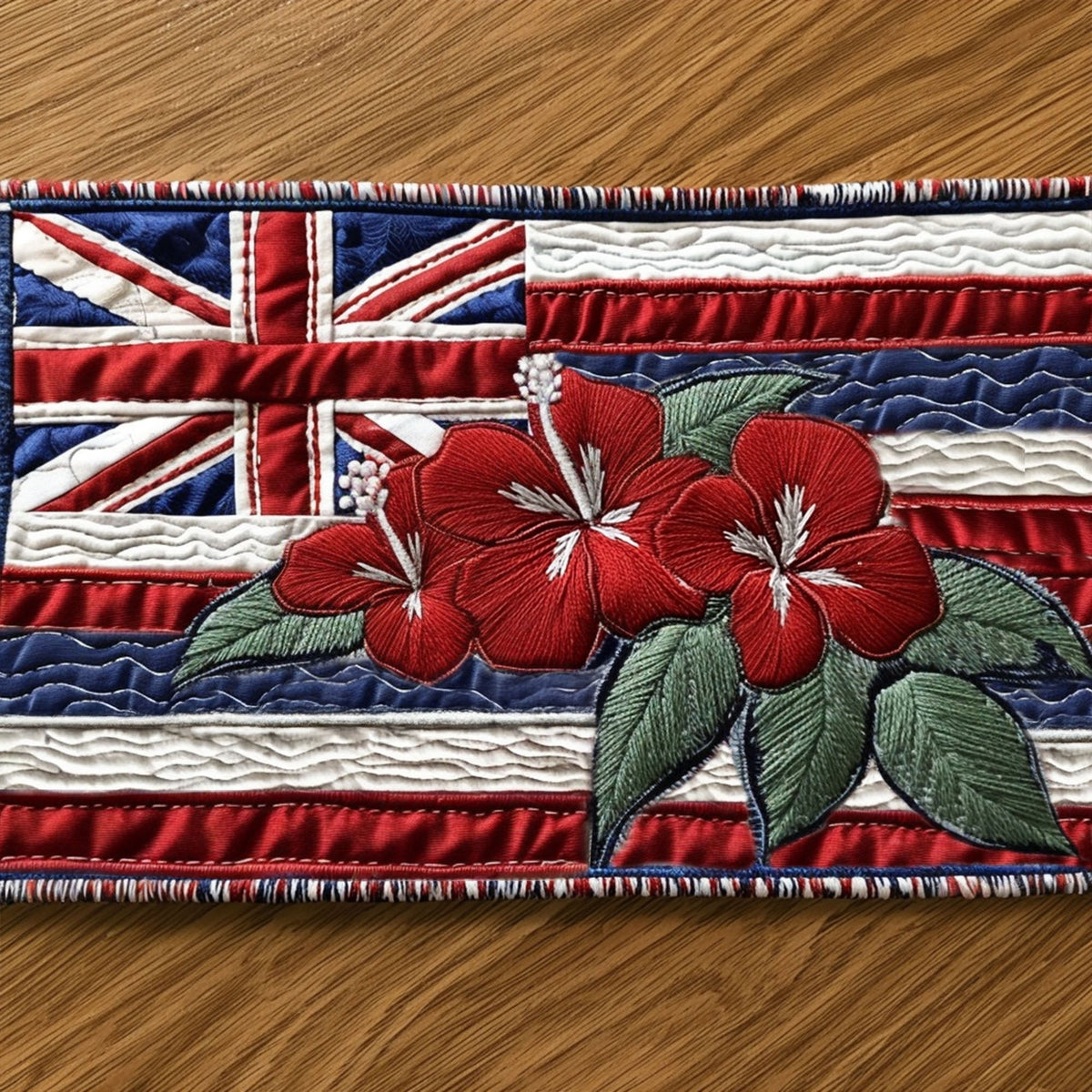 Red Hibiscus on Hawaiian Flag Table Runner