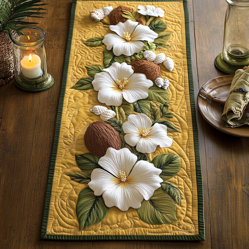 White Hibiscus on Yellow Ground Table Runner